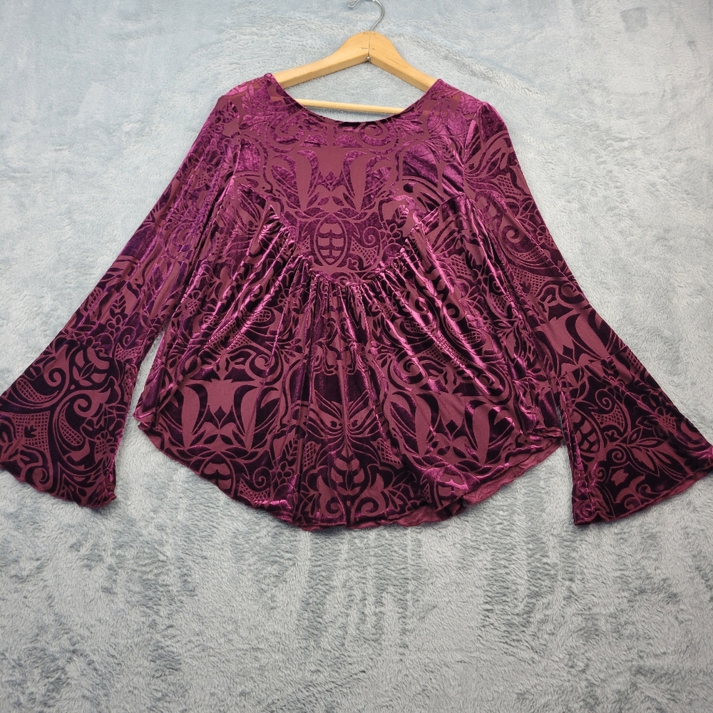 Ultra Pink Womens Blouse Size Medium Velvet Burnout Bell Sleeve Whimsy Goth Boho